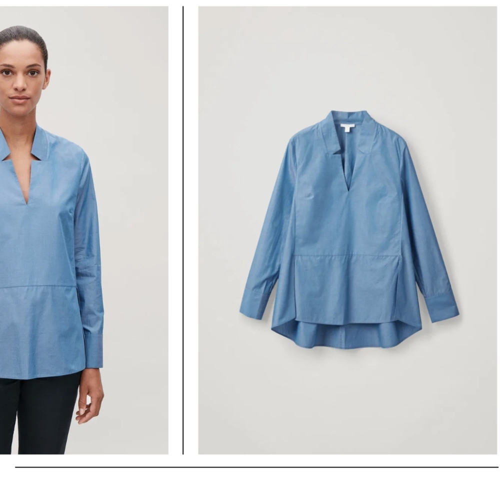 COS Blue Cotton Poplin V-Neck Long Sleeve Top